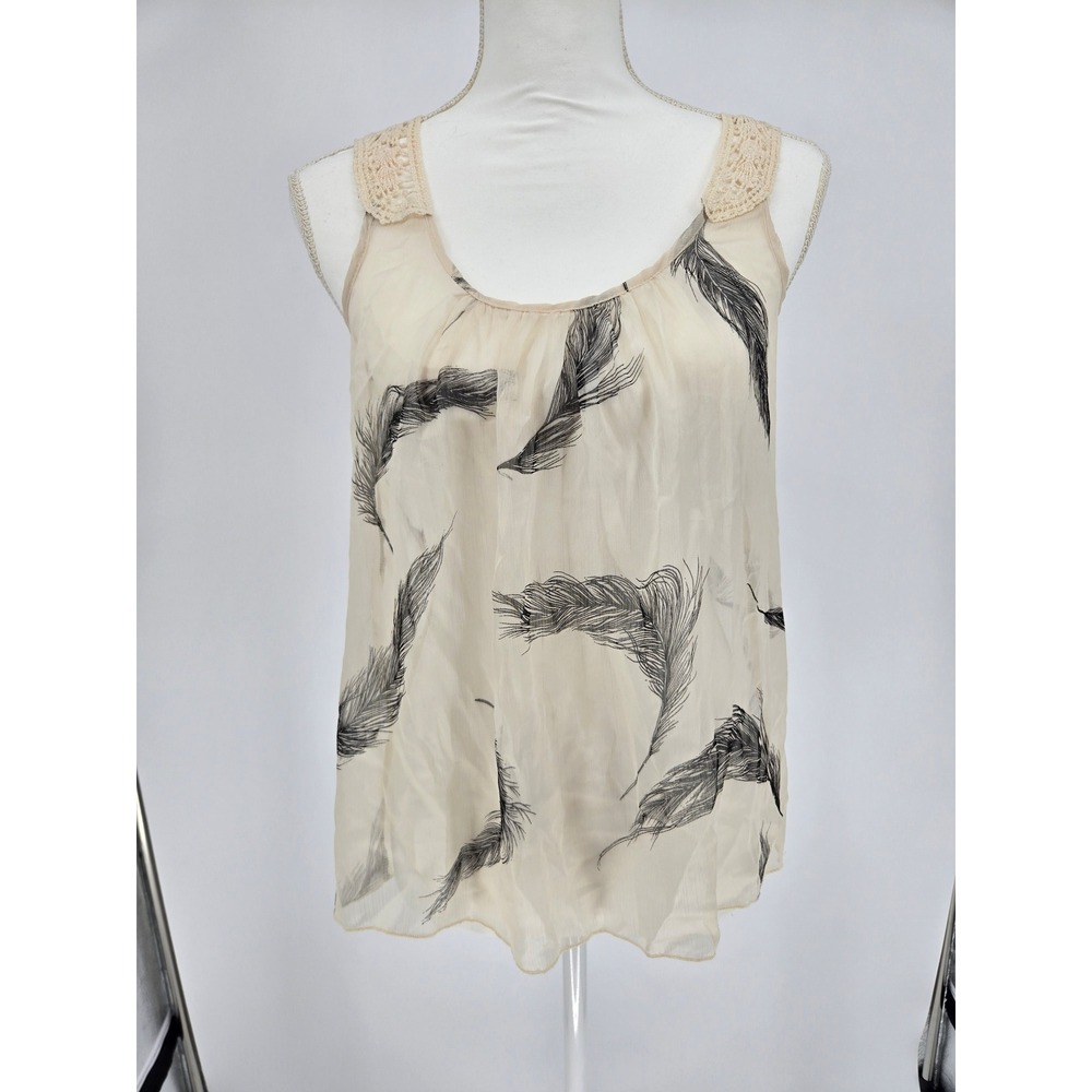 Forever 21 Womens Cream Black Feather Print Crochet Lace Back Tank Top Small